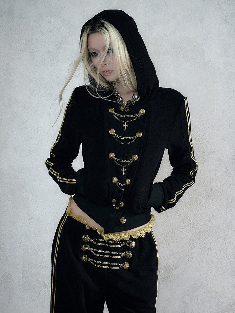 Black & Gold Double-Breasted Hooded Jacket with Chain Embroidery Details, Punk Fashion - NO ROMANCE