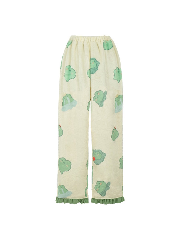 Grünes Flanell-Pyjama-Set mit Oberteil und Hose mit Frosch-Print