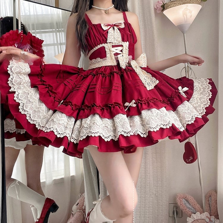 und Trim Sommerrock Plissee Rüschen Lolita Rot Pullover