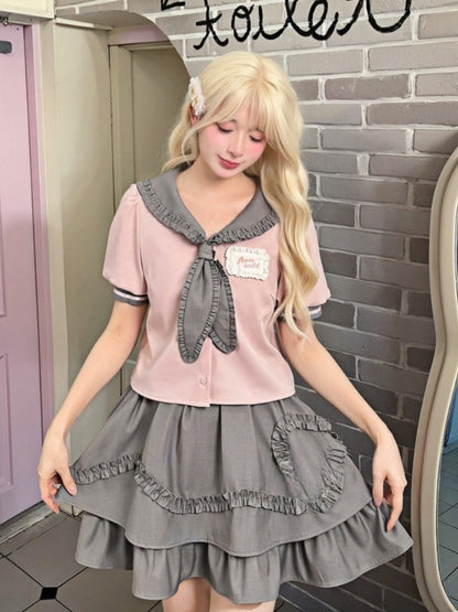 グレースタイルのフリルボウダブルレイヤーAラインスカートプレッピー