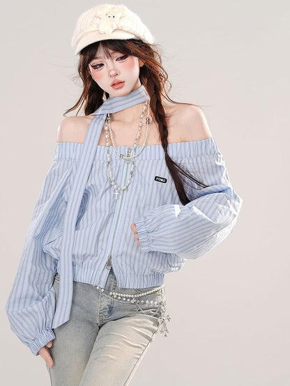 Pink/Blue Off-the-shoulder Neckline Striped Zip Closure Top with Free Scarf