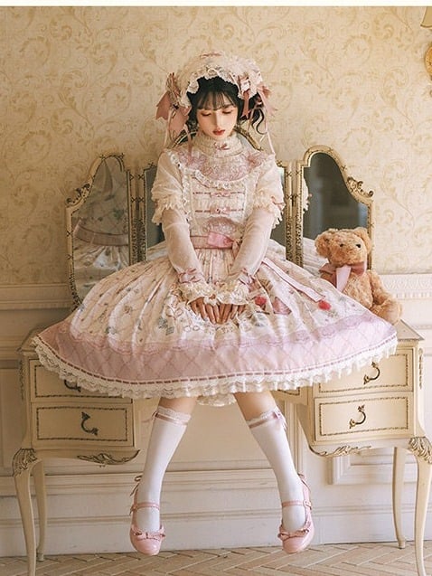 Sweet Lolita JSK Dress Set in Pink with Kawaii Bear Print and Self-Tie Belt - Treasure House