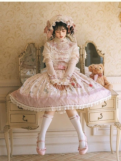 Sweet Lolita JSK Dress Set in Pink with Kawaii Bear Print and Self-Tie Belt - Treasure House