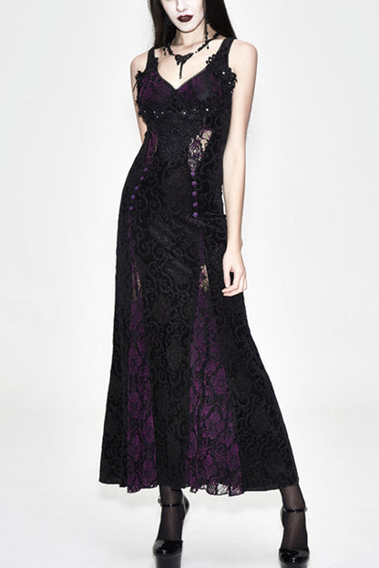 Gothic Fitted Waist Black Purple Rose Lace Dress for Women