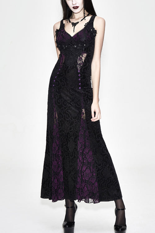 Gothic Fitted Waist Black Purple Rose Lace Dress for Women