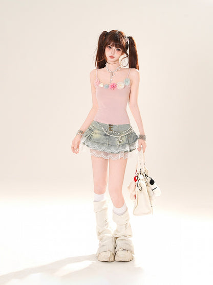 ピンクの花柄ネックラインスリムフィットキャミソールトップス