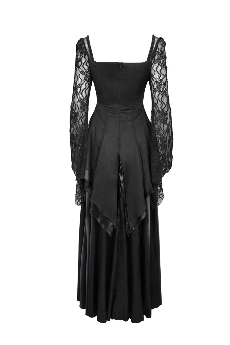 Black Lace Pointed Long Sleeves Back Zipper Satin Floor-Length Gothic Gown