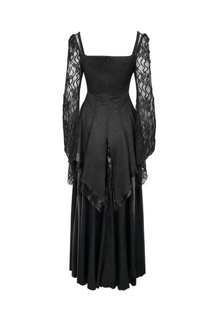 Black Lace Pointed Long Sleeves Back Zipper Satin Floor-Length Gothic Gown