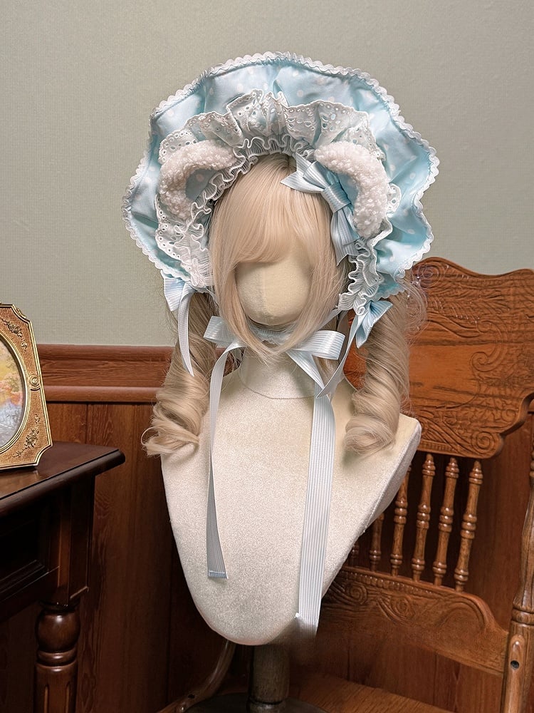 Pink Blue Red Dots Bonnet Polka Black / Bear Ears Lolita with