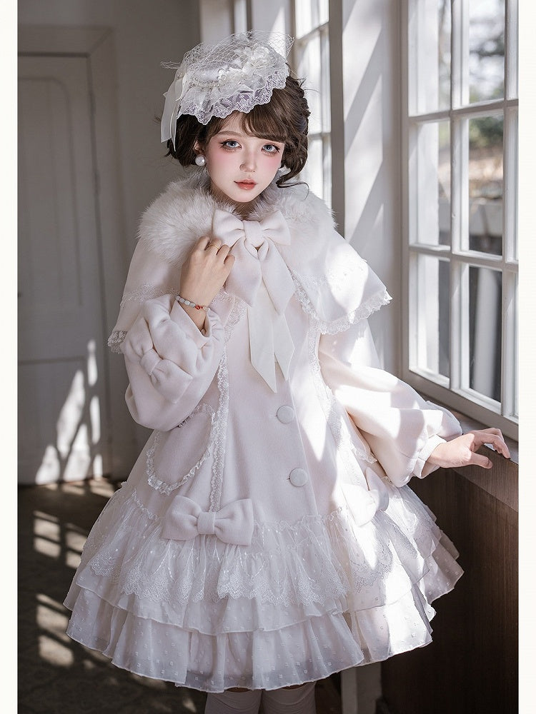 Snow White Heart Lace Applique Sweet Lolita Winter Overcoat - Dream Magic Box