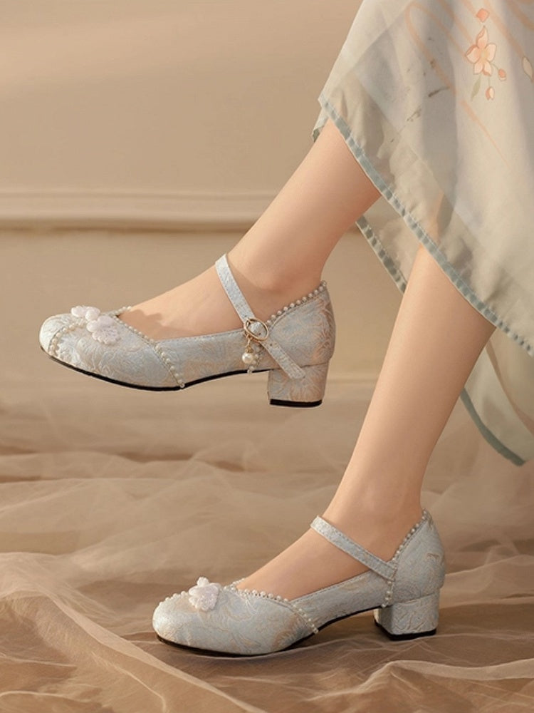 Chinese Blue with Heels Style Pattern - Satin Lolita Floral