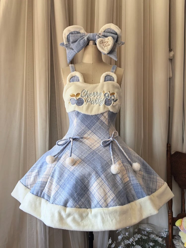 für Süße Plaid Kleid Lolita Herbst und Pom-Poms Bestickt Winter Kirsche Blau mit