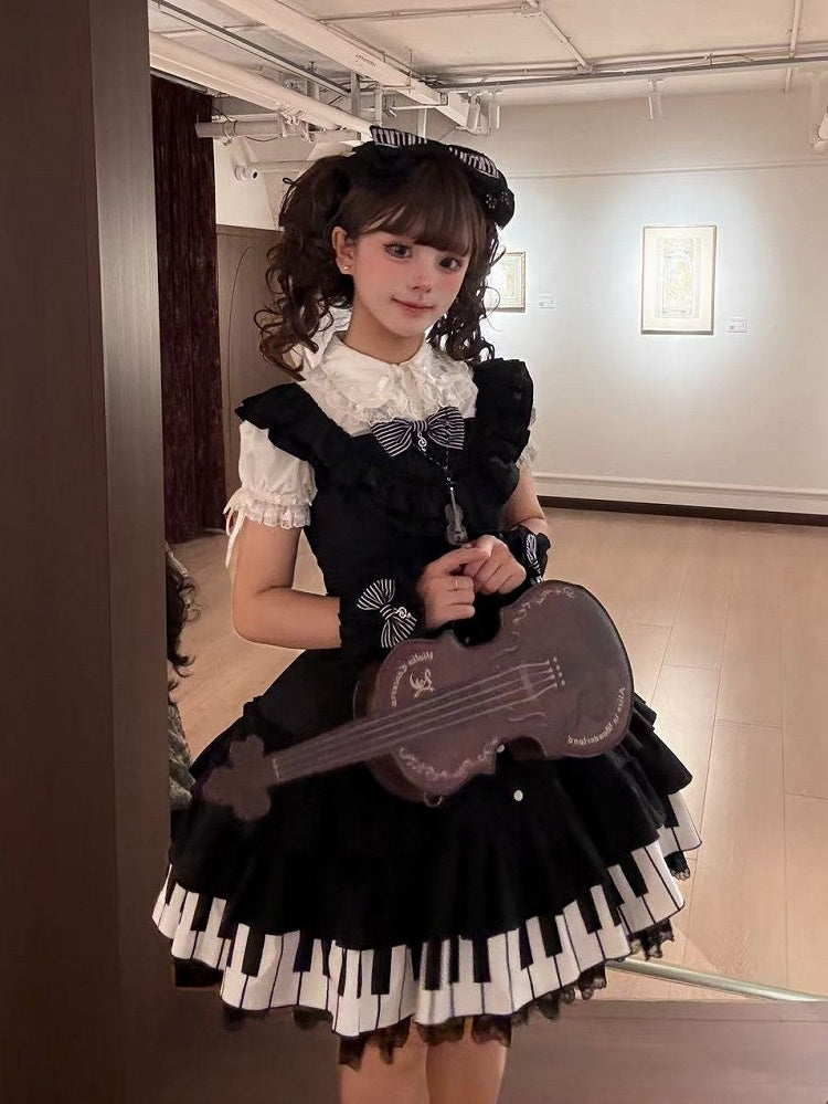 Piano Motif JSK Dress in Black and White with Bow Accents and Ruffled Trim - Wuyu Love Letter
