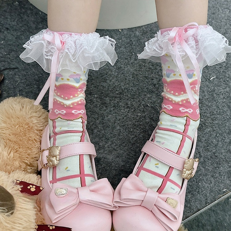 Rosa süße Lolita Wadensocken mit Schleife und Spitzenbesatz und Streifenmuster