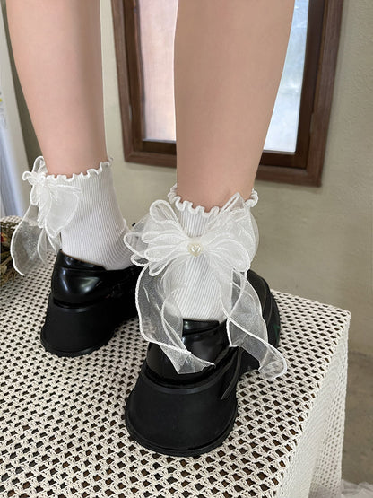 Double-Layer Bead Black/White Bowknot Mesh Socks Heart