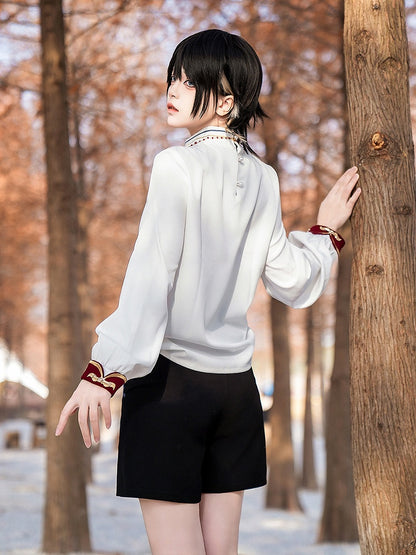 Ouji Fashion – Weißes Oberteil mit Stehkragen und chinesischen Knoten und langen Ärmeln