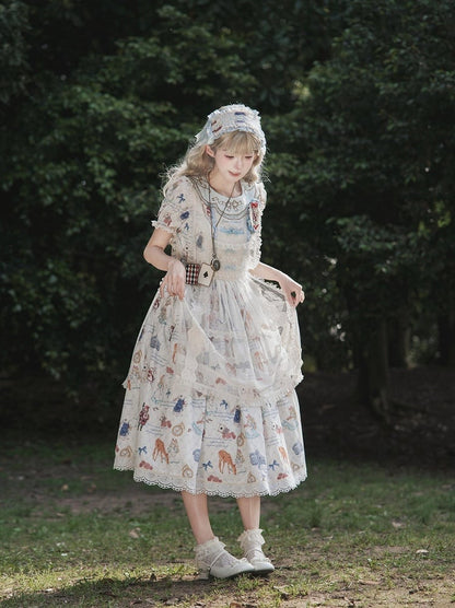 Azure Alice in Wonderland Print Round Neck Sweet Gown with Drawstring Waist - Forest Fairy Tales