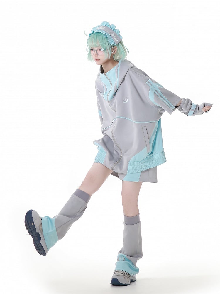 Hoodie Green and Gray Jirai Kei Techwear Straps Design Short Zipper Sleeves