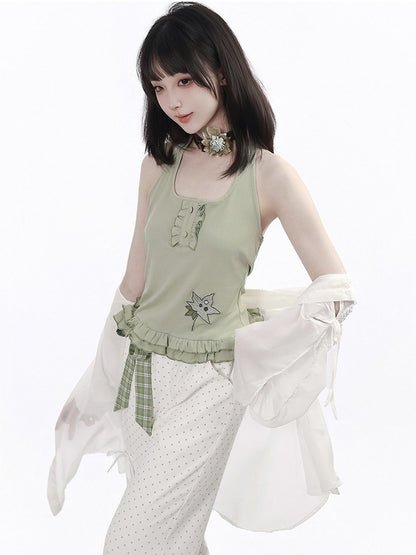 Light Green Halter Top with Leaf Applique and Ruffles - PINK SAVIOR