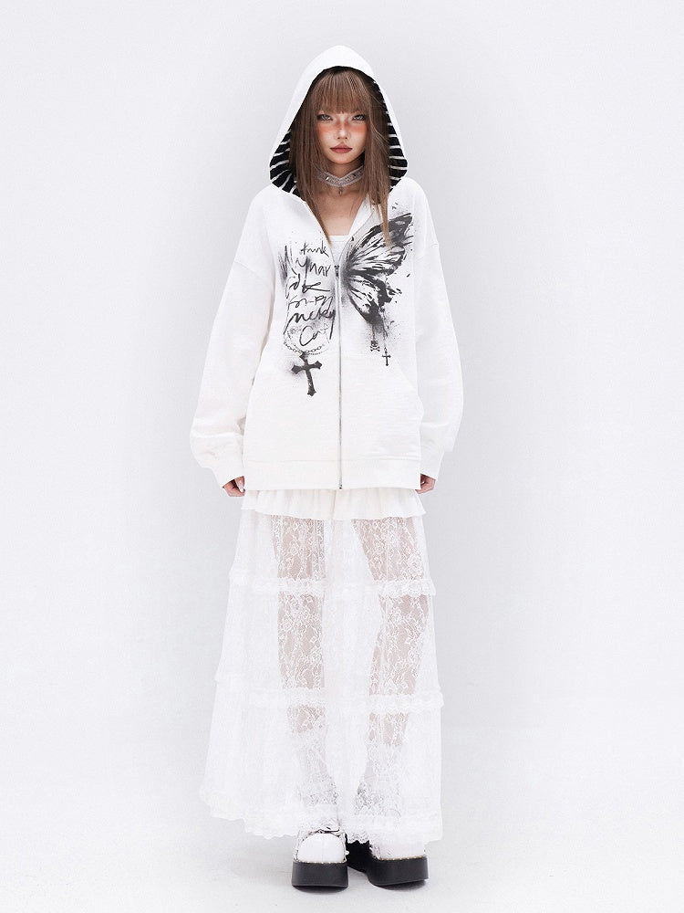 ロングホワイトレーススカート裾フリルティアード