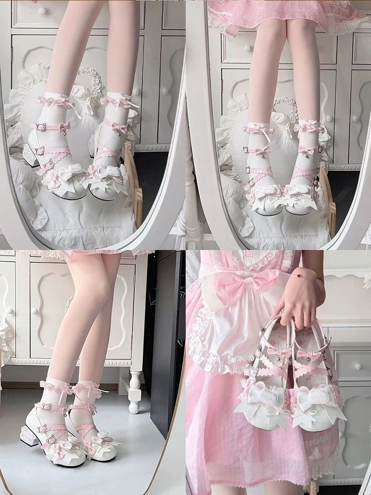 White Sweet Lolita Mid-heel Shoes - Detachable Kitty Decor Top Bow & Crisscross Design