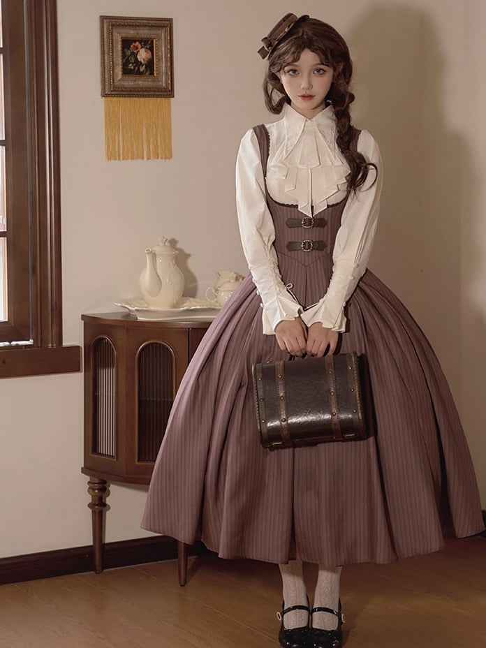 Classic Lolita Striped Underbust Dress with Basque Waist in Brown