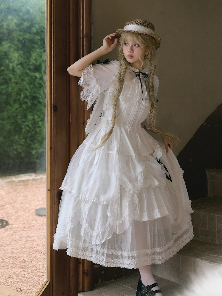 White Flutter Sleeve Petal Hem JSK with Bunny Hood & Lace Skirt Ensemble