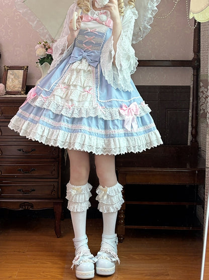 Süßes Lolita-Kleid mit Spitzenbesatz, rosa Schleifen, blau, JSK