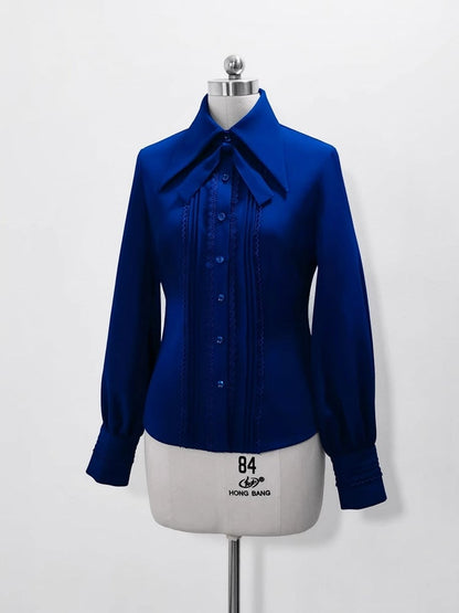 クライン グレー ブルー＆ポイントカラー ロングシャツ プリーツ フォールドオーバー ディテール レース/プリンススリーブ