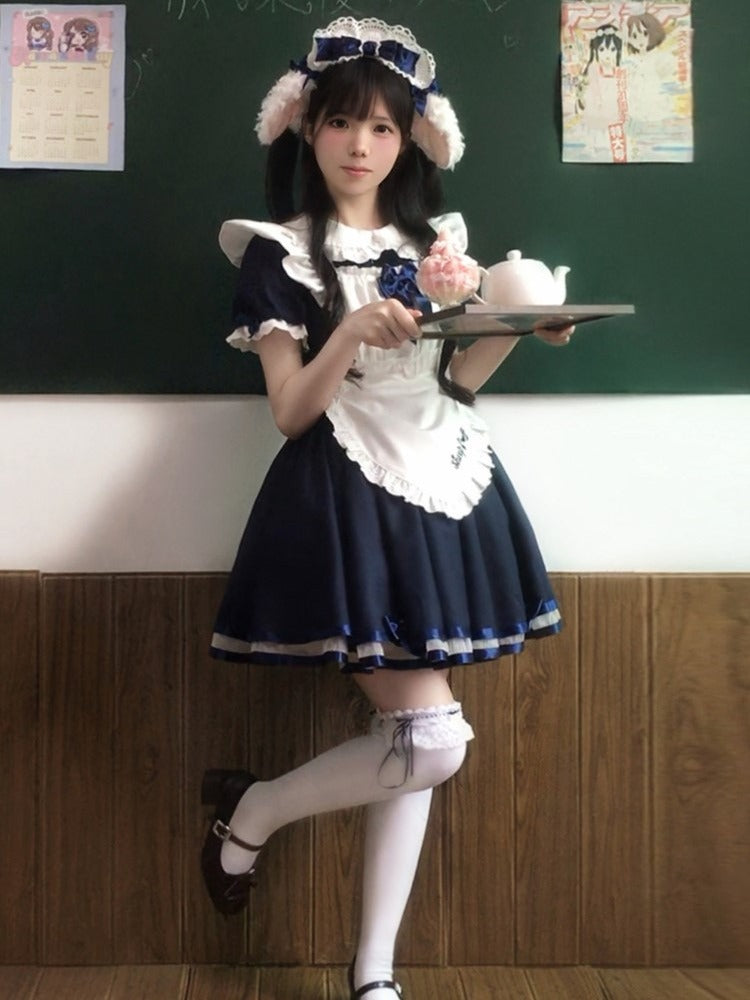 Dark Blue Maid OP with Striped Lace Accents - Sheep Puff Atelier