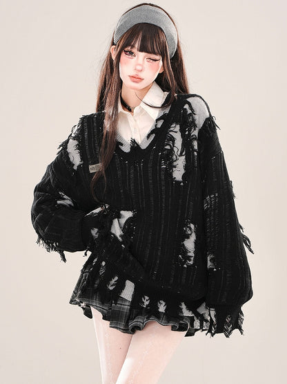 ブラック/グレー ダメージ加工 ホールズ フェイクツーピース Vネック ルーズセーター