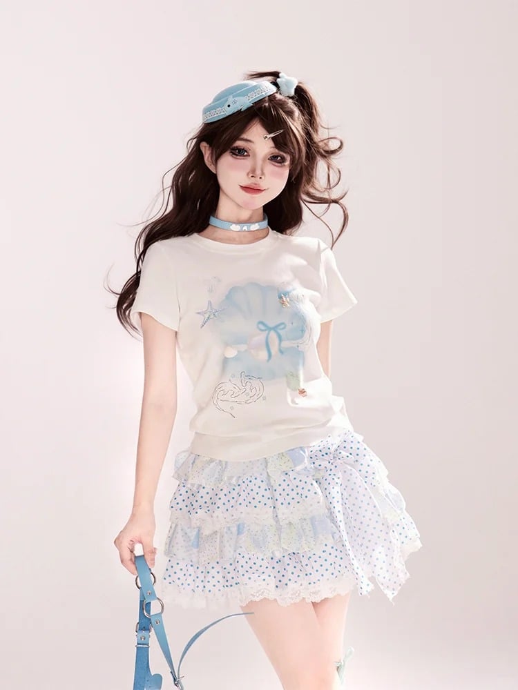 Print White Round Neck Slim-fitting Pearl T-shirt Seashell and