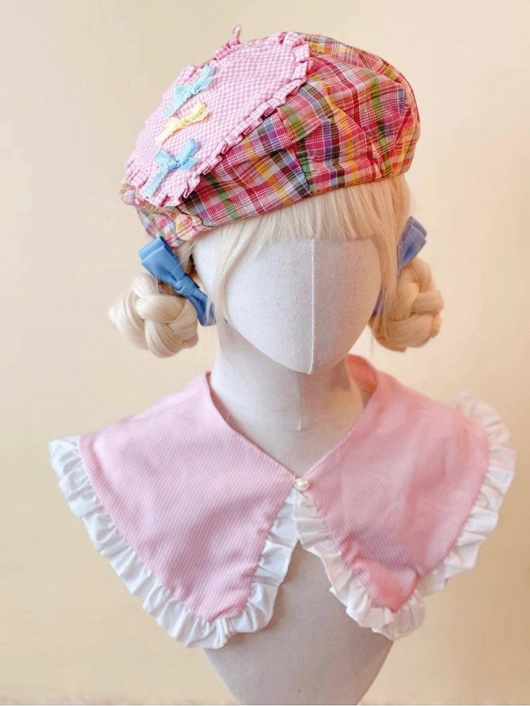 Beret Colorful Plaid and with Bow Accents Heart