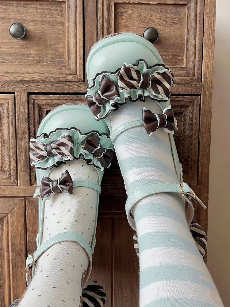 Mint Green Heart Buckle Lolita Shoes - Sheep Puff