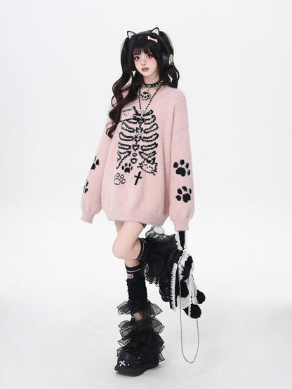 Black/Pink Fuzzy Cat  Paw Pattern Sweater