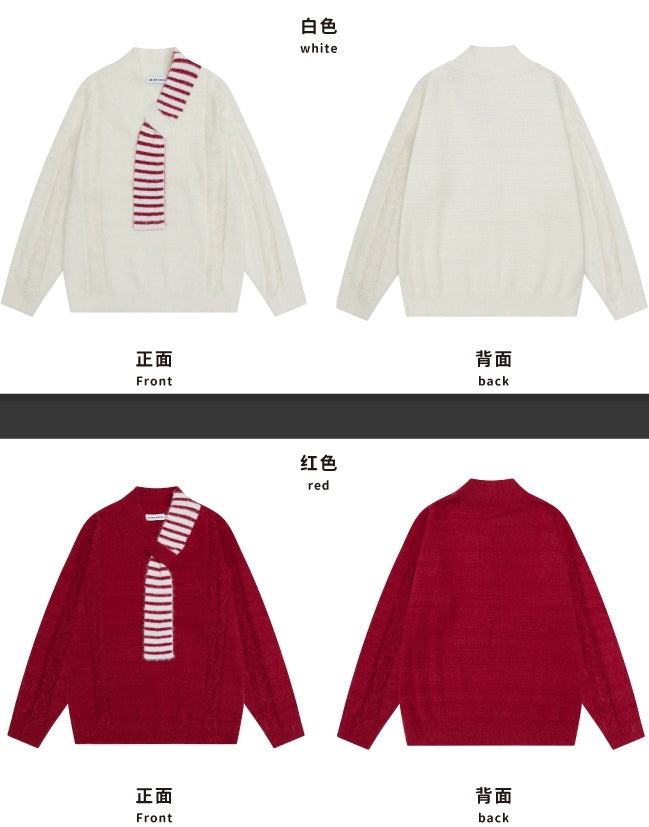 Christmas Red/White Asymmetrical Scarf Distress Trim V-neck Loose Sweater