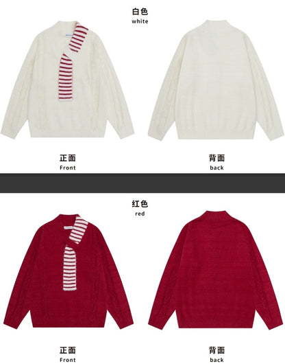 Christmas Red/White Asymmetrical Scarf Distress Trim V-neck Loose Sweater