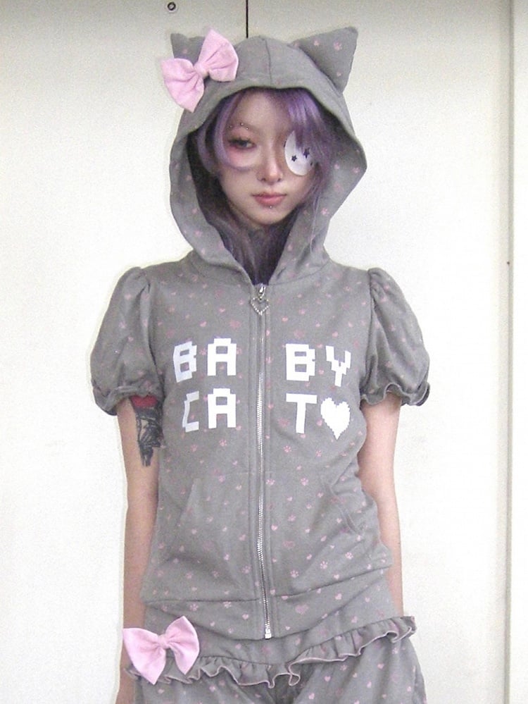 Light Cat-Ear Detachable Hoodie Large Zip-Front Bow Sleeve Gray with Puff