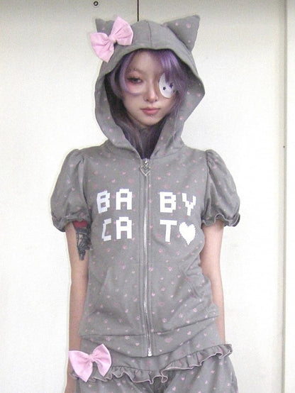 Light Cat-Ear Detachable Hoodie Large Zip-Front Bow Sleeve Gray with Puff
