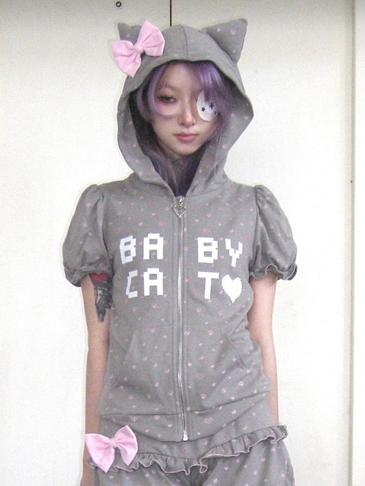 Light Cat-Ear Detachable Hoodie Large Zip-Front Bow Sleeve Gray with Puff