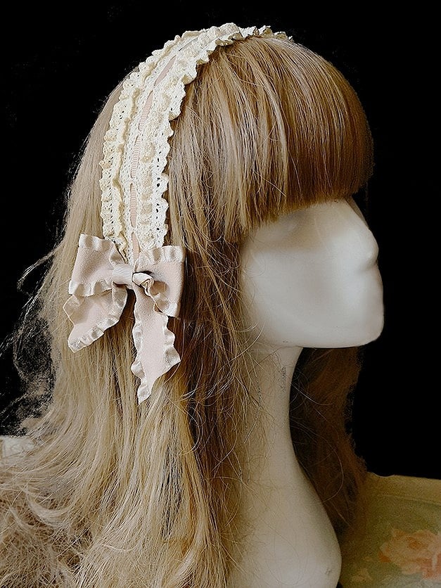 Hairband Lolita Bow Beige with Accent Lace