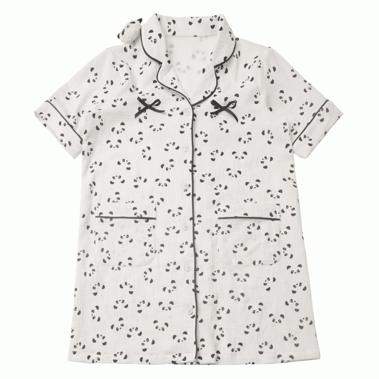 Allover Panda Print Plüsch Beige Shirt Kleid Pyjama Panda gewellter Rand Kragen