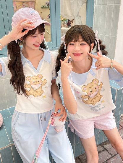 青と白のアシンメトリーピーターパンカラーベアプリントTシャツロングバージョン