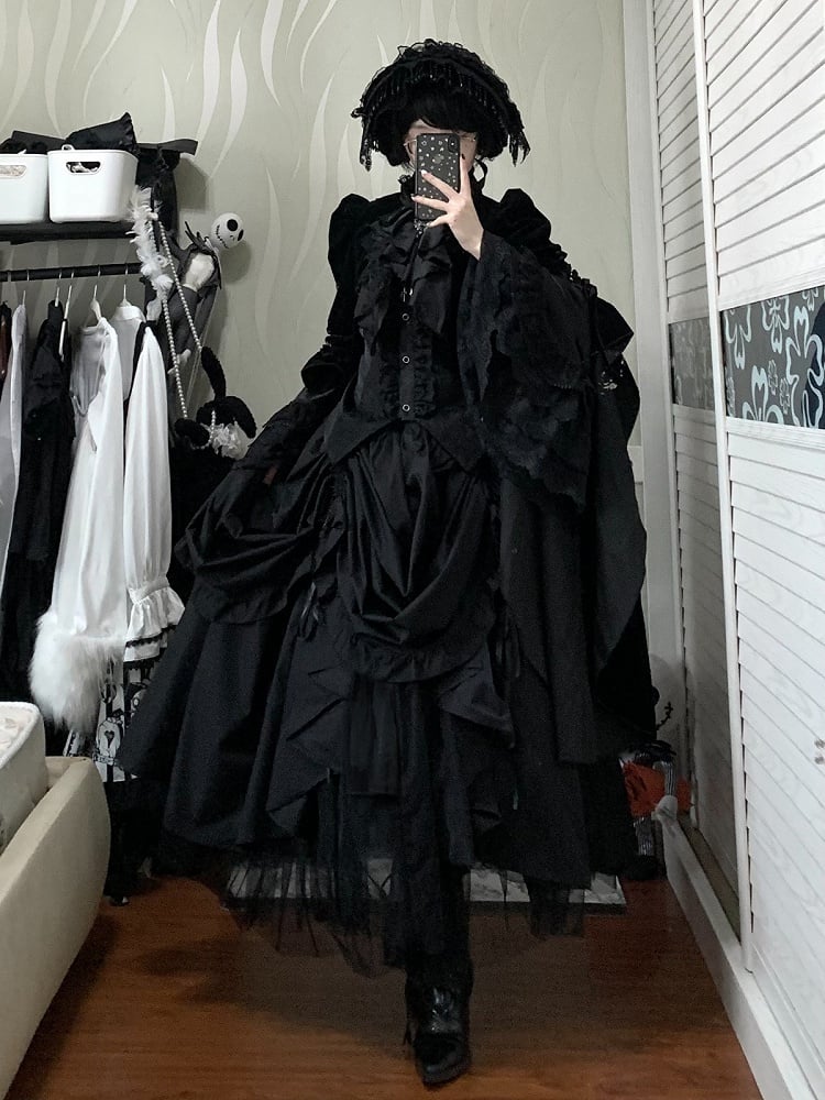 Collar Curved Lolita Sleeves Gothic with and Flounced Coat Black