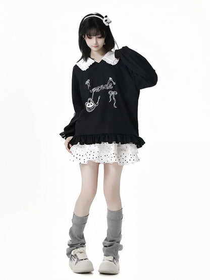 Short/Long Top Sleeves Panda Dessert Print Ruffled Pointed Flat Collar Ruffled Hem Black