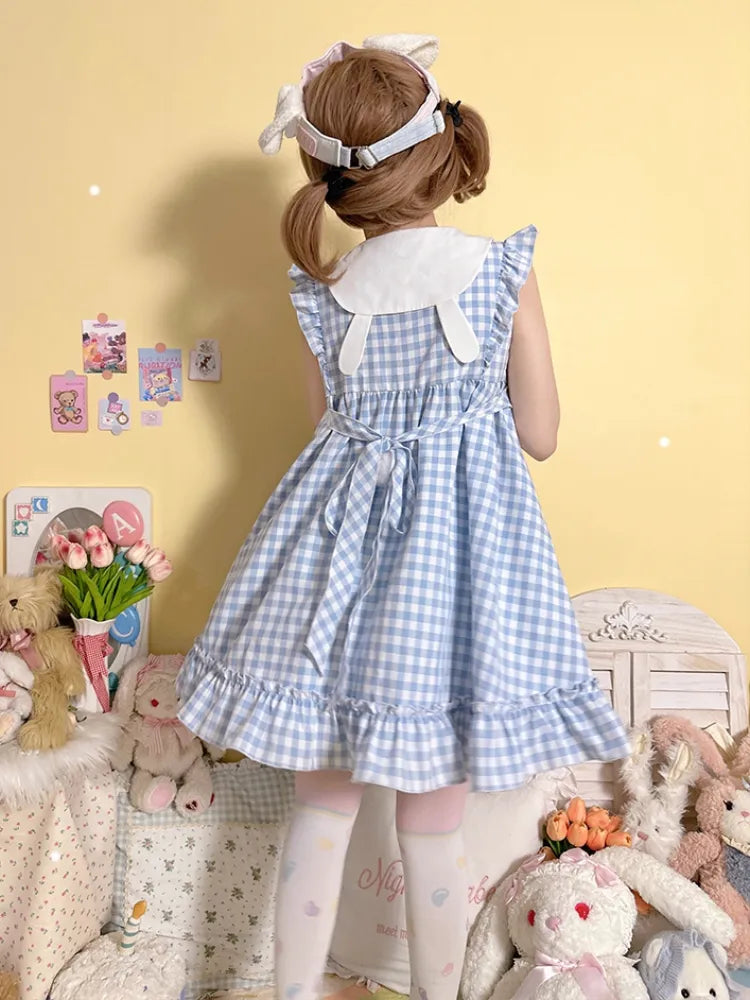 Blue Pockets Heart-shaped Sweet Dress Bowknots Plaid Flutter Sleeves Light