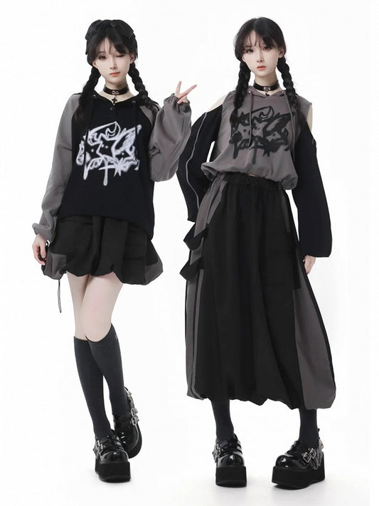 Saum Ballonrock-Version, kurze/lange Taille, Kordelzug und schwarz-grauer Farbblock