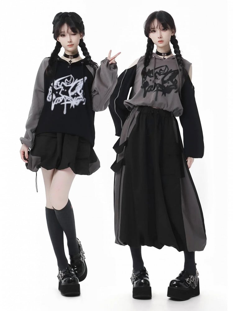 Print Colorblock Design Drawstring Gray Hem Hoodie and Cutout Shoulder Star Black