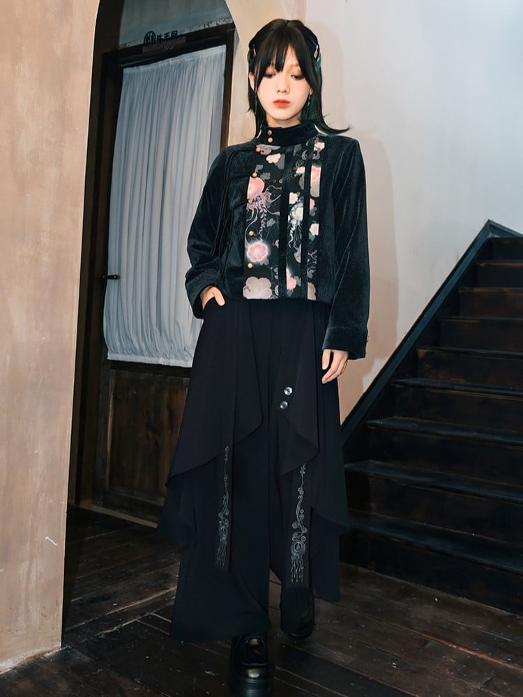 Gothic Black Wide-Leg Trousers with Asymmetrical Layers & Detachable Jellyfish Embroidered Ribbon - Quirky Hut