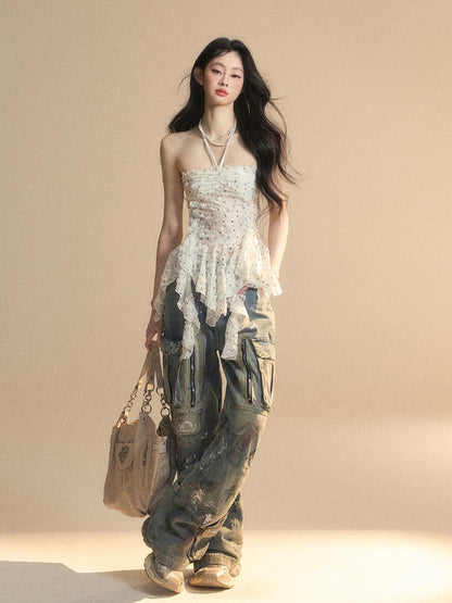 Volant Saum Weiß Glamourös Neckholder Polka Dot Top Muster Asymmetrische Trägerlosen